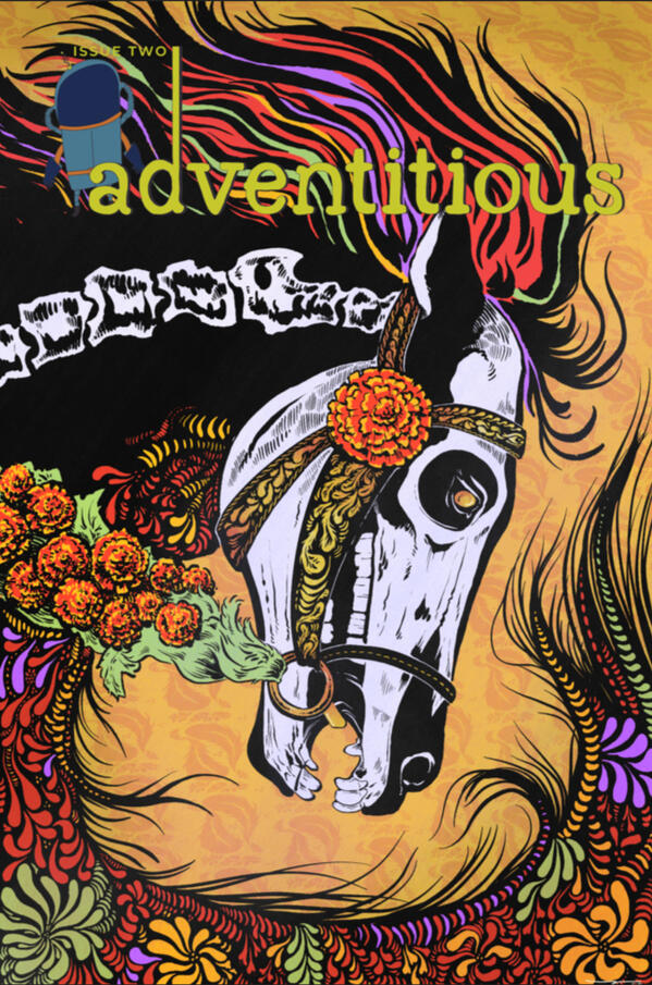 The illustrated cover for Adventitious Issue 2, of a skeletal horse surrounded by flowers.