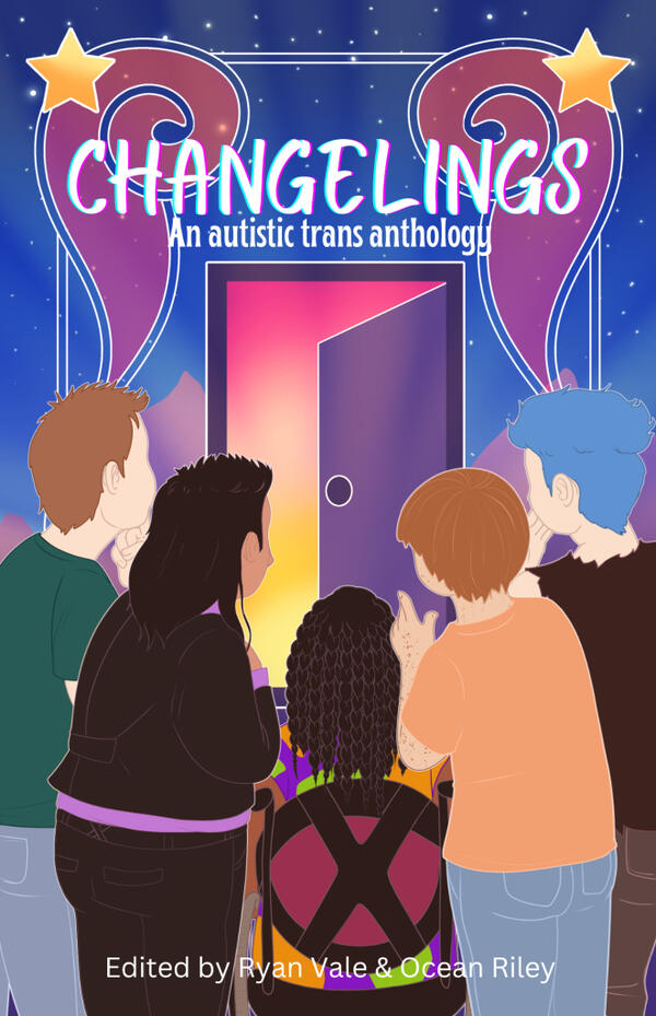 The illustrated cover for Changelings: An Autistic Trans Anthology, which features a diverse cast of characters looking at a blue door which is opening to a pinkish glow.
